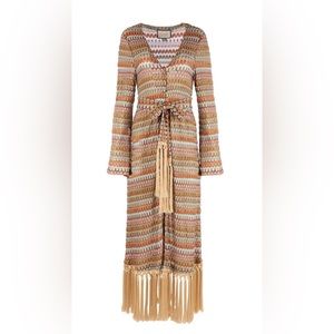 ALEXIS *Genista* brown chevron print fringe tassel robe duster dress kimono L
